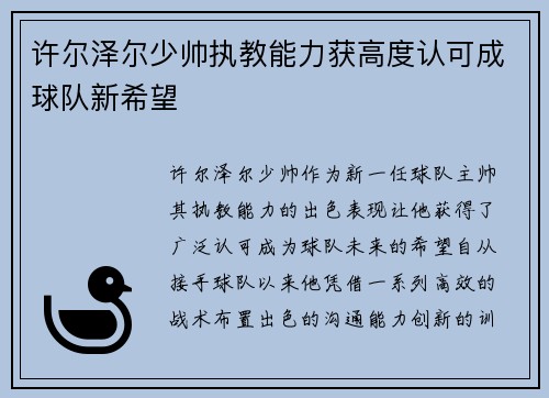 许尔泽尔少帅执教能力获高度认可成球队新希望